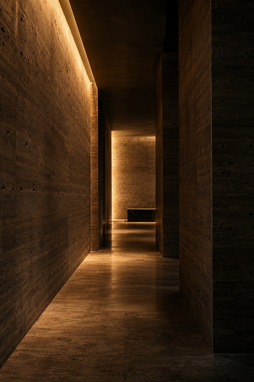 Un couloir de pierre révélé par des lignes de lumière chaude.