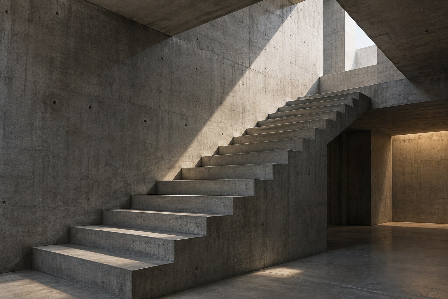 Un escalier en béton traversé par un faisceau de lumière naturelle.